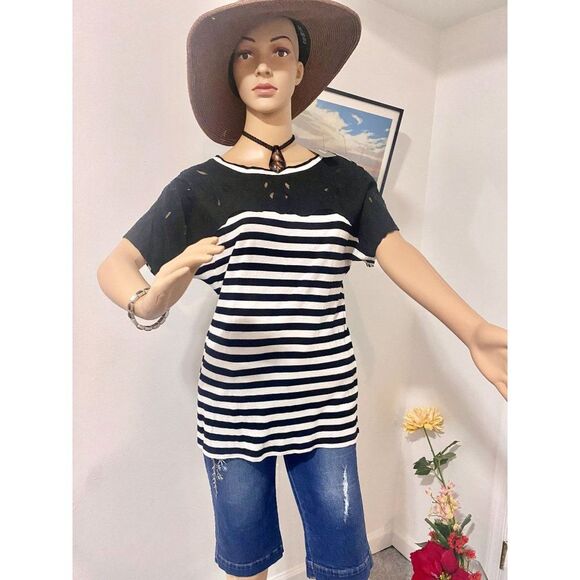 NWT Chico's T-shirt top Epic Stripe black/white solid cotton, Size 0, round neck - Picture 1 of 13